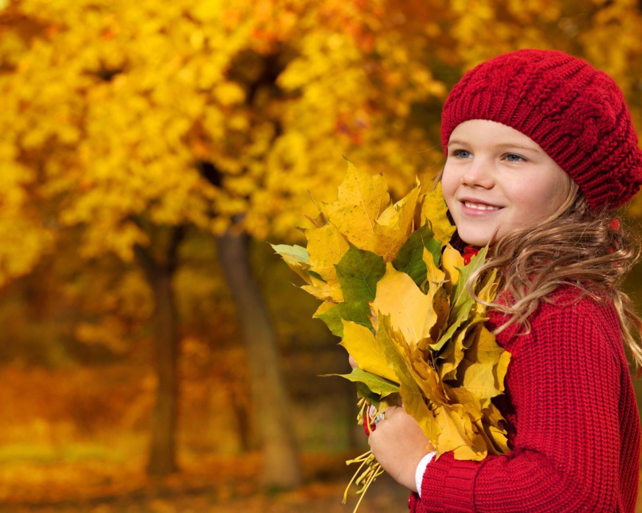 Симпатичная девочка держит осенние листья