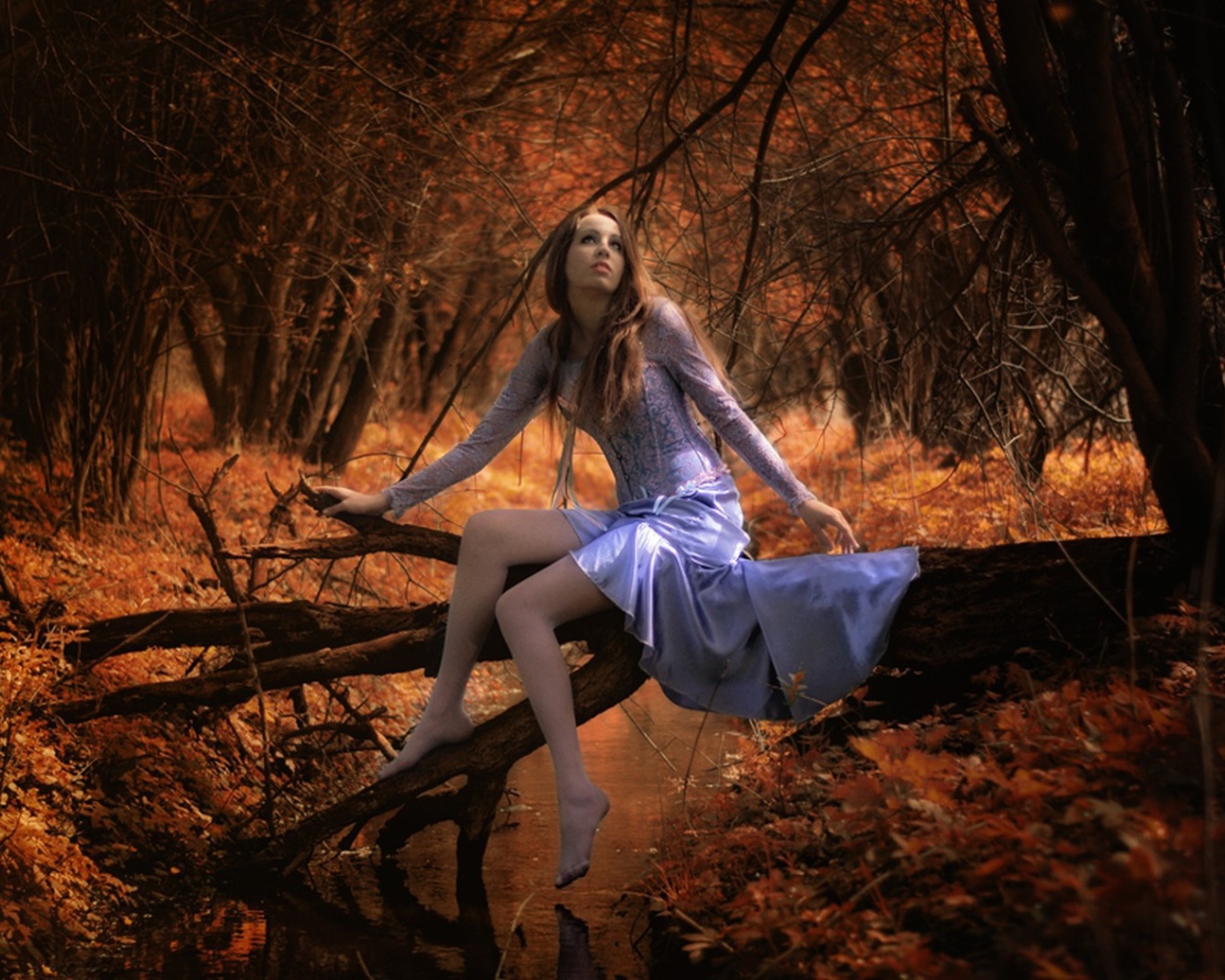 Рыжая девушка в осеннем лесу