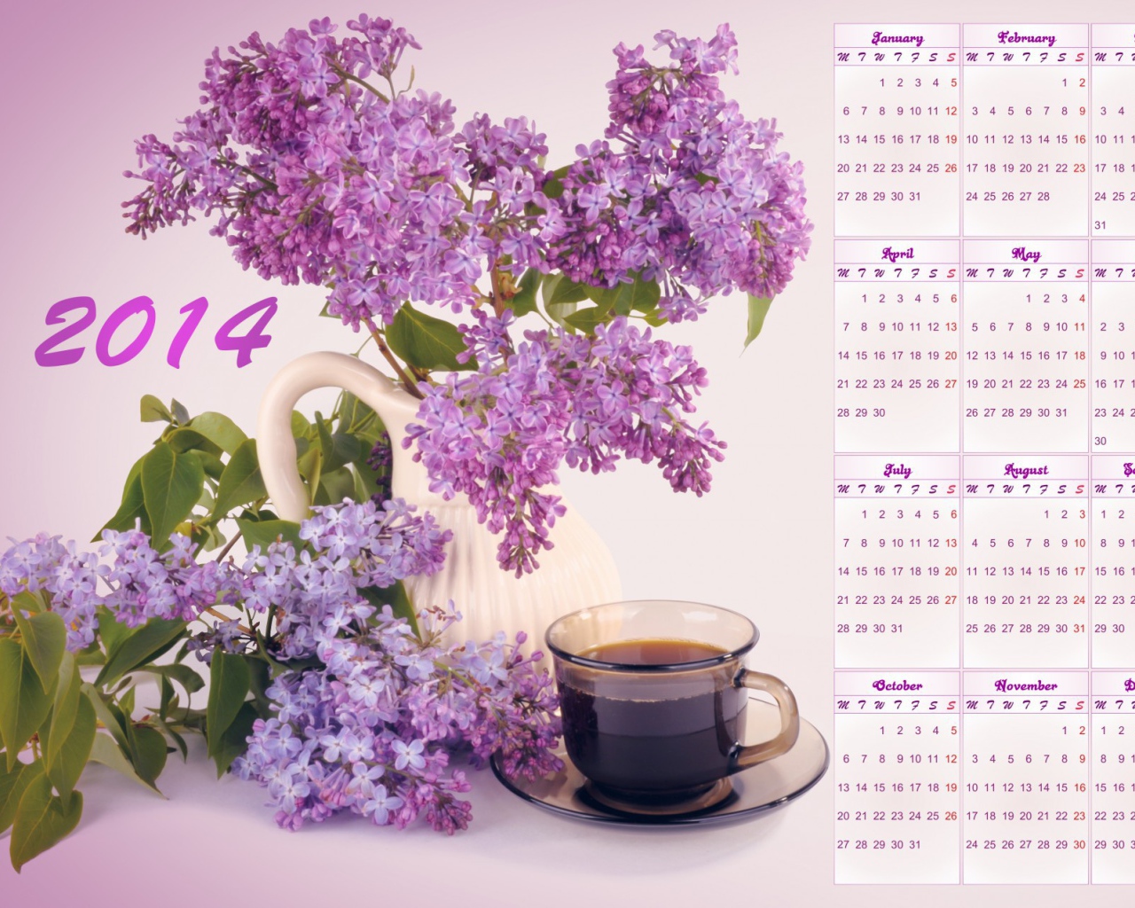 Календарь на Новый Год 2014, сиреневый фон