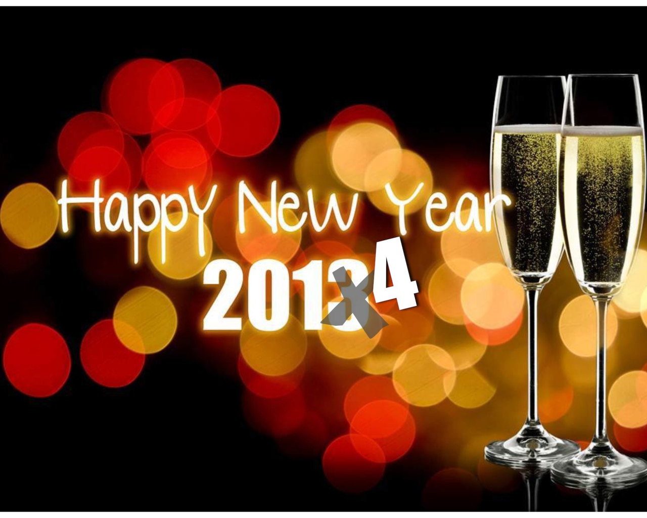 Счастливого Нового Года 2014, бокалы с шампанским и огни