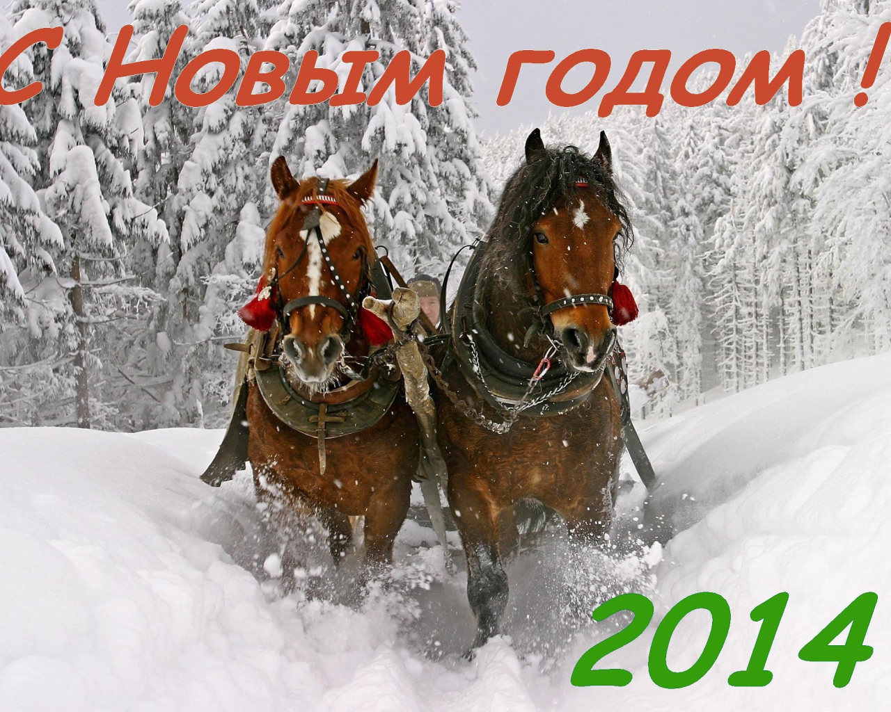 С новым годом 2014, лошадки бегут по снегу