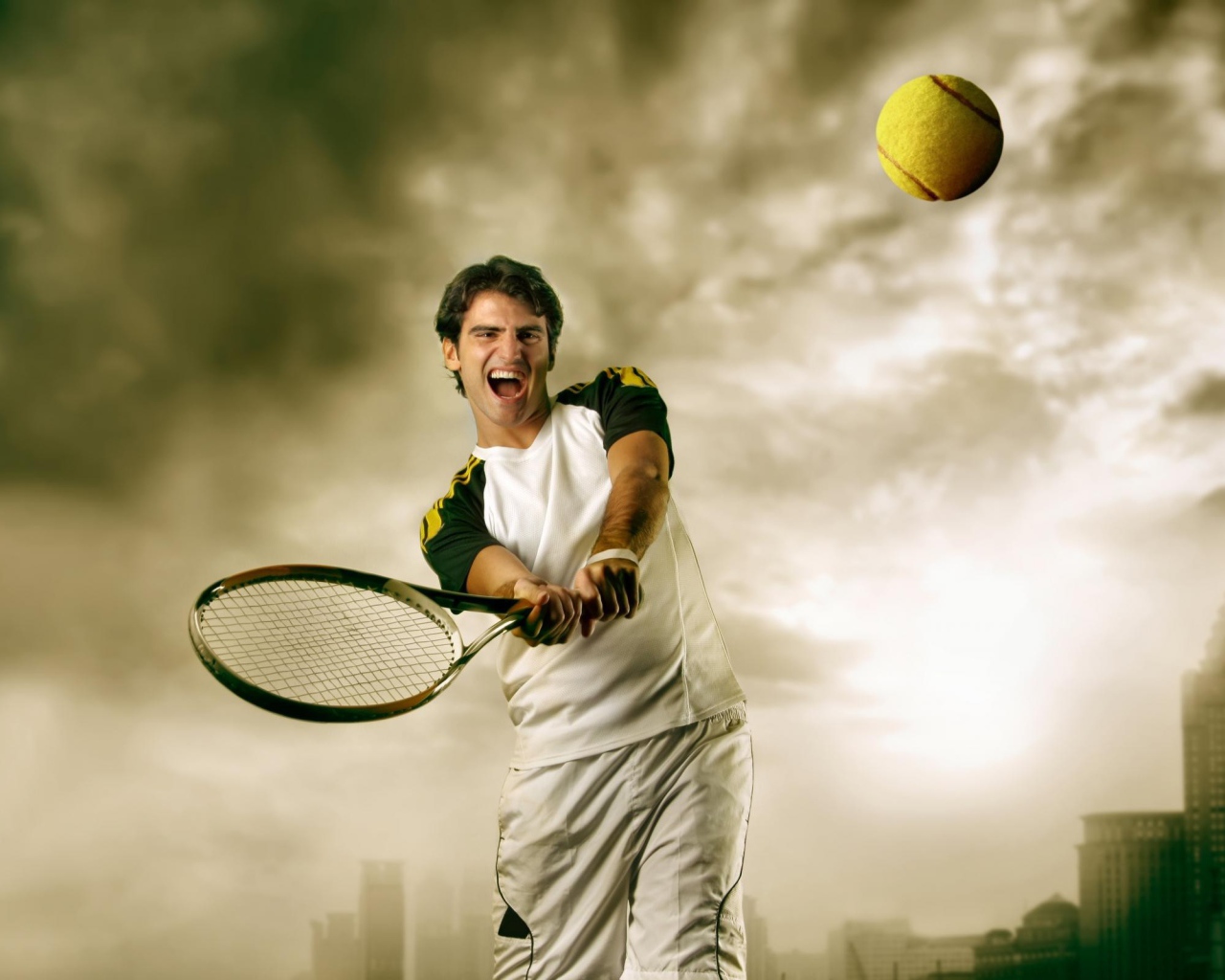 Теннисист отбивает мяч