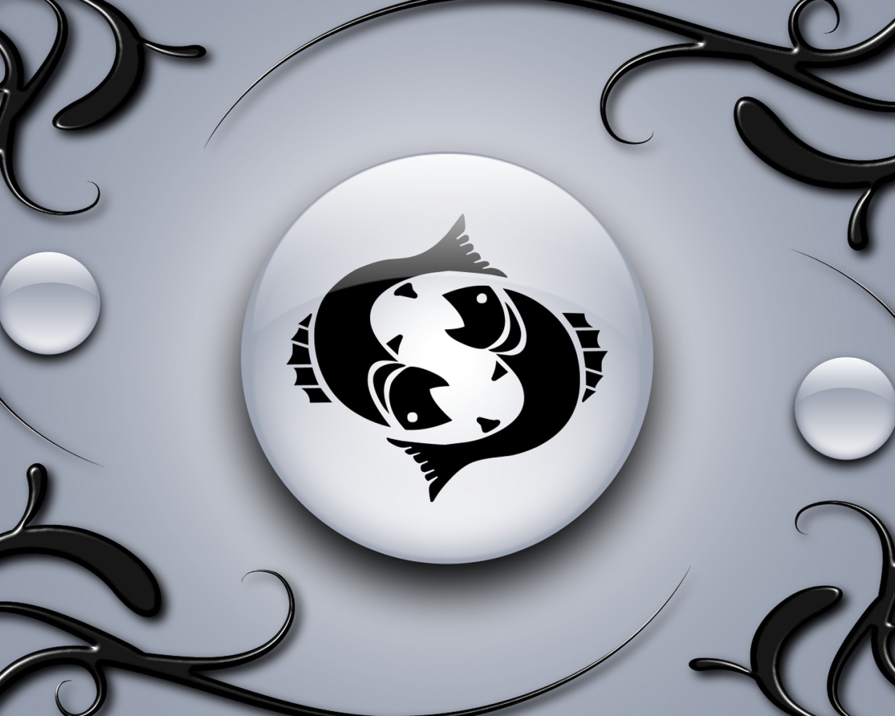 Знак рыбы на сером фоне с чёрным орнаментом 