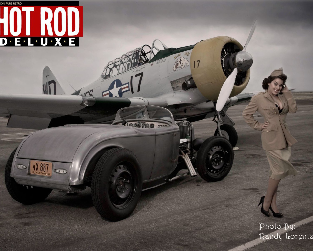 Ретро фото с девушкой автомобилем и самолетом