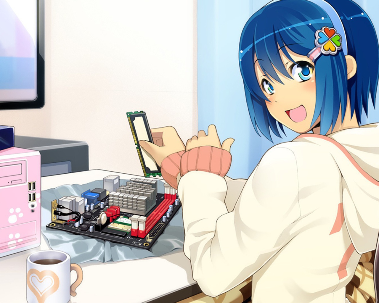 Девочка собирает компьютер