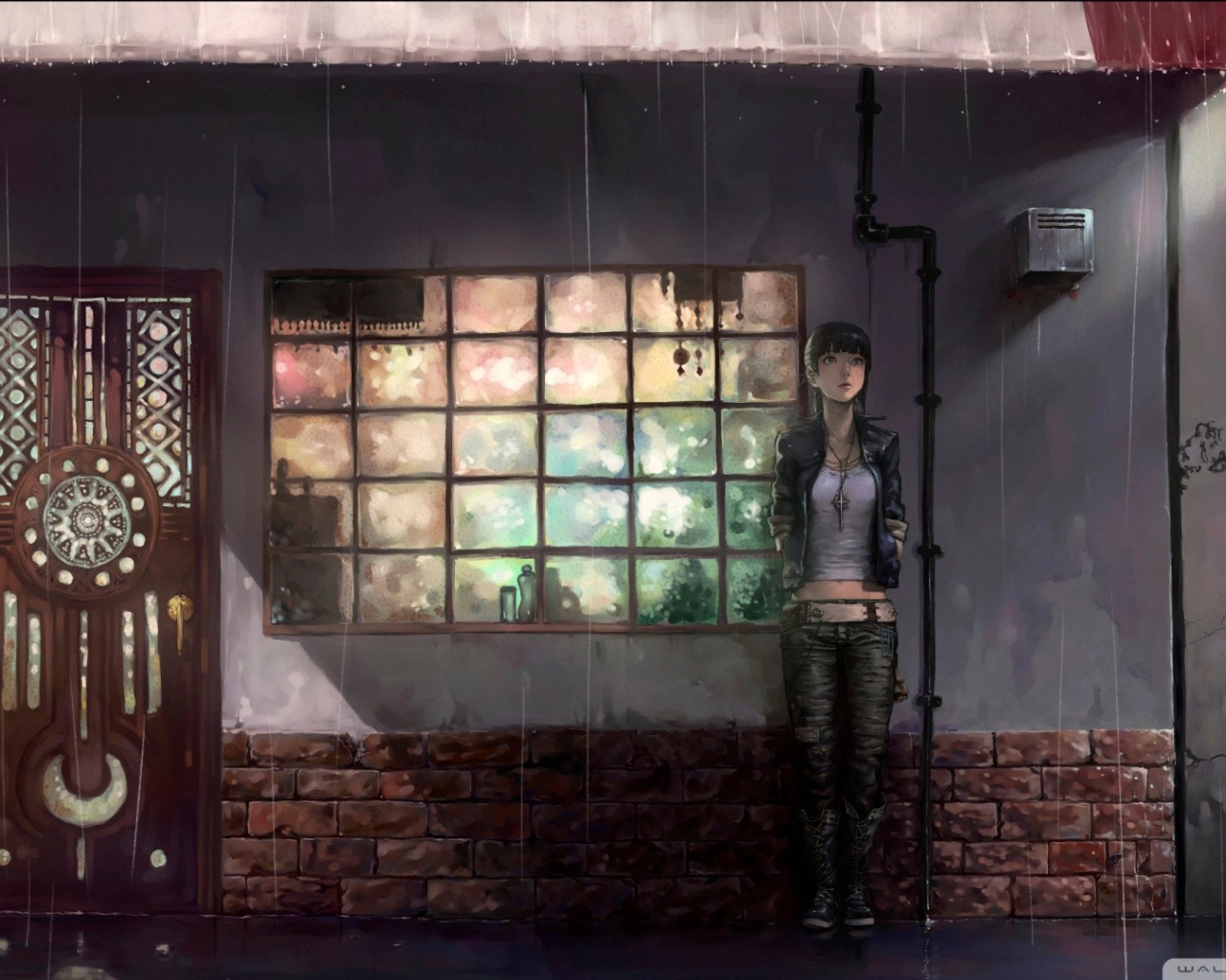 Девушка спряталась от дождя