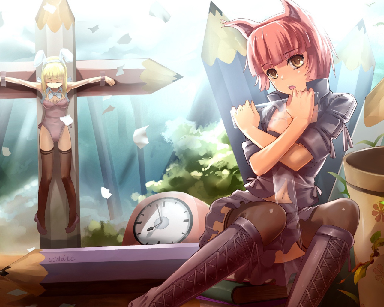 Девочка на кресте из карандашей