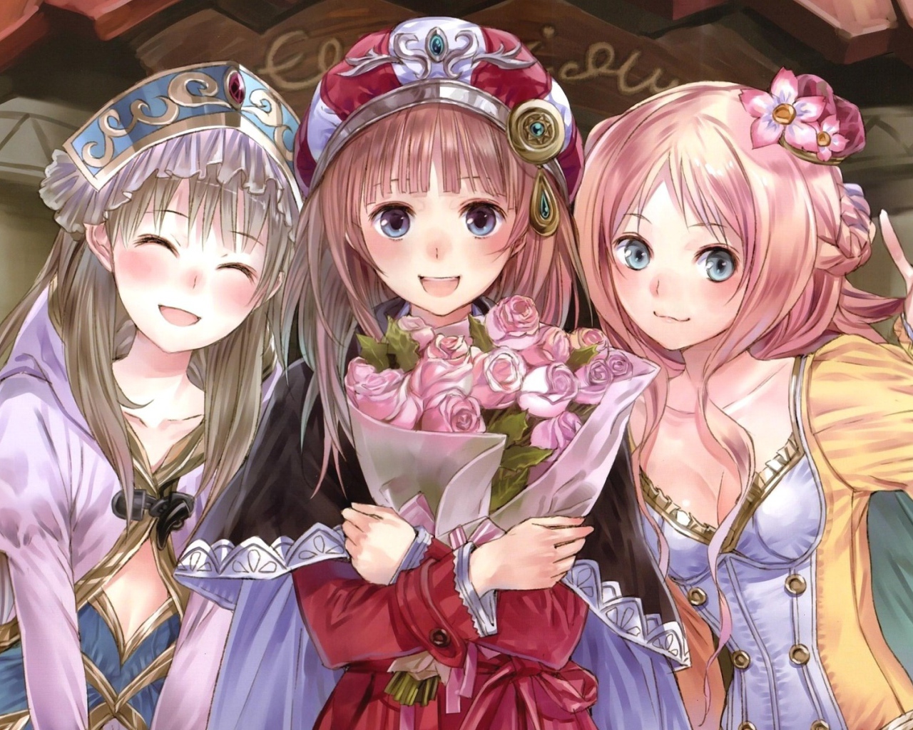 Три девочки с букетом роз