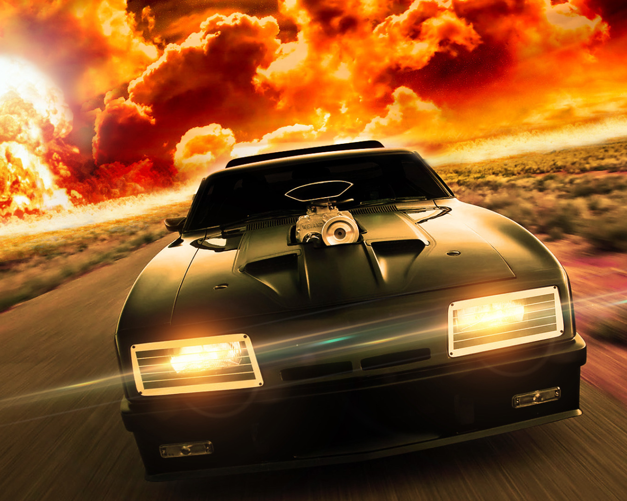 Скоростной автомобиль на фоне огня