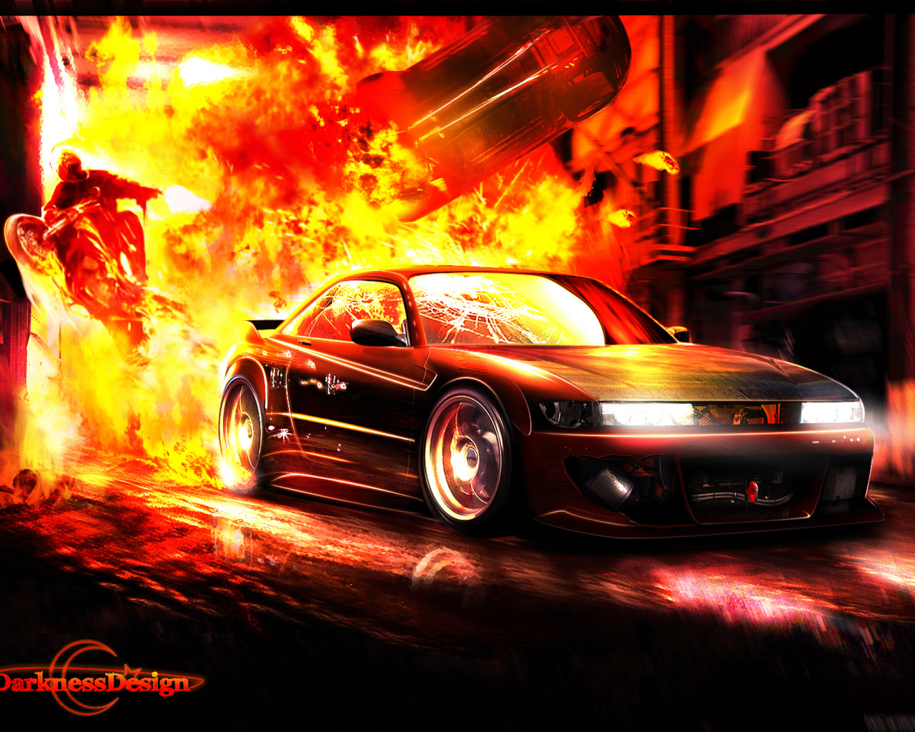 Автомобиль выезжает из огня