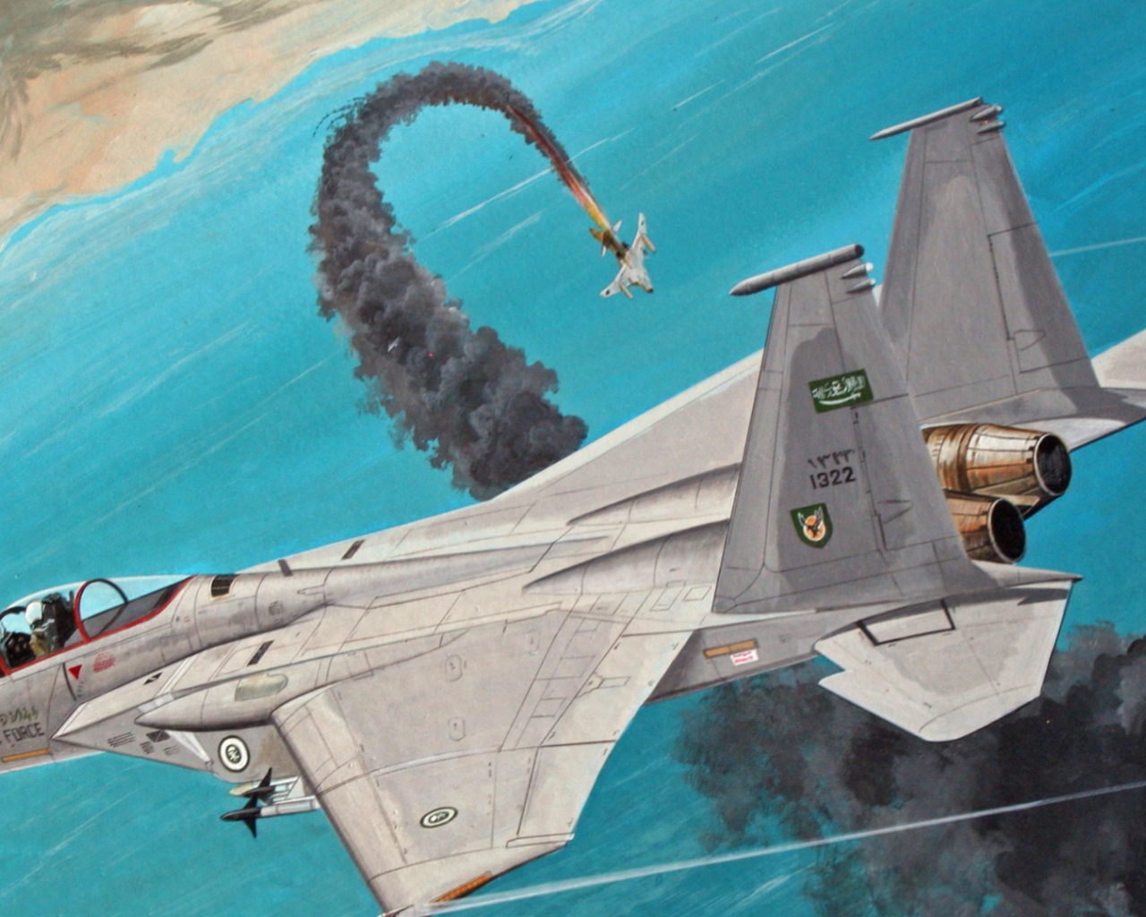 Подбитый самолет падает в море