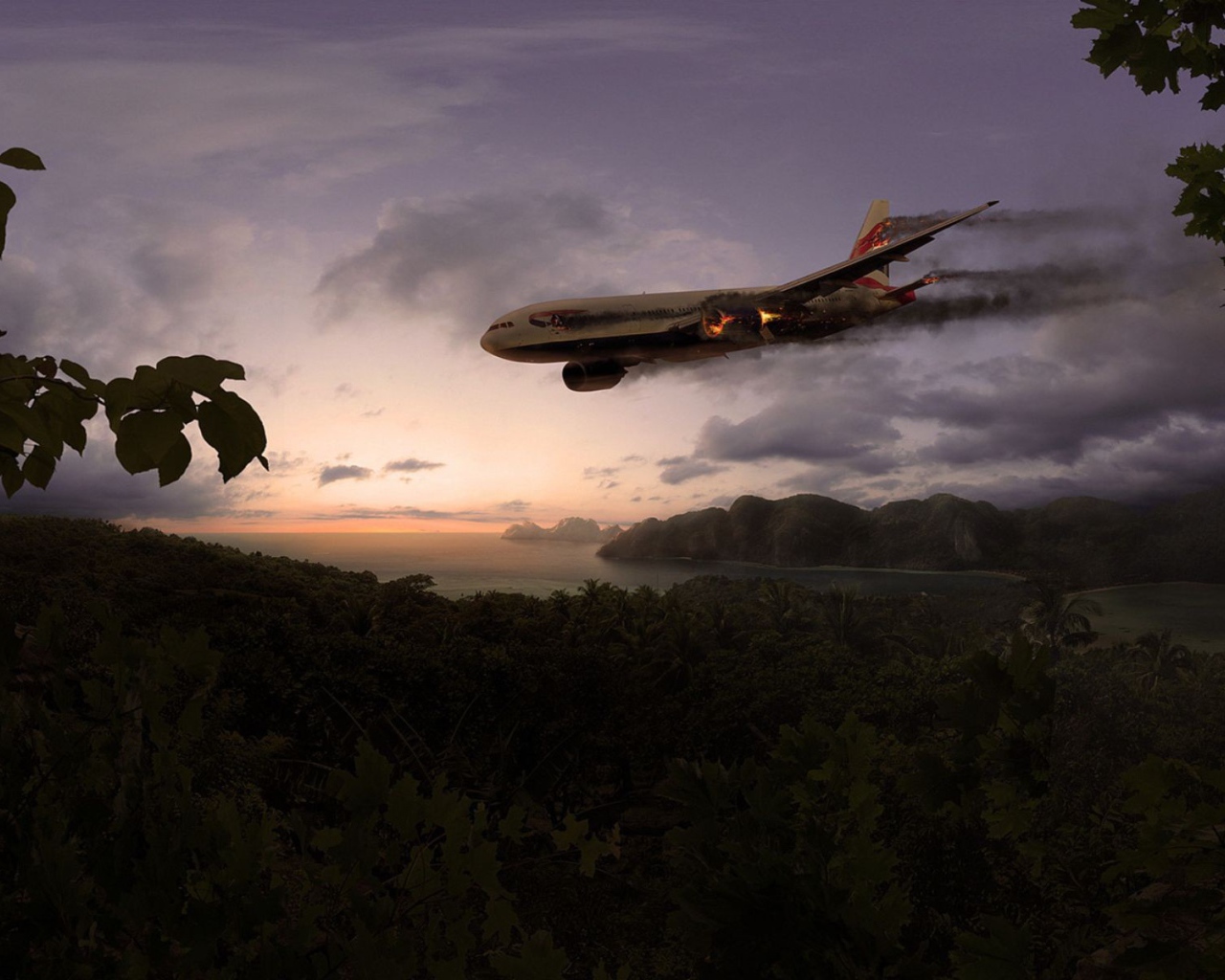 Горящий самолет идет на посадку