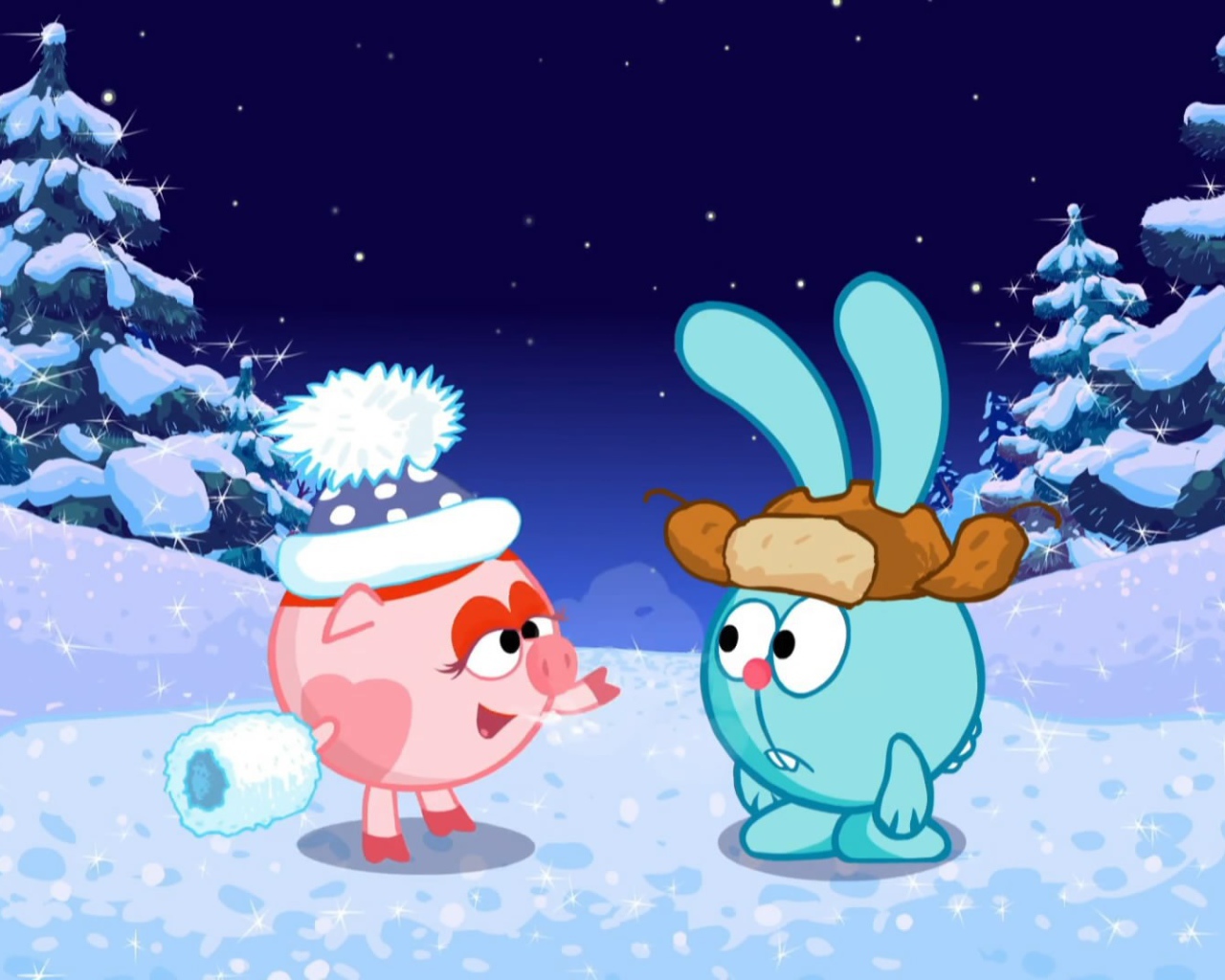 Крош и Нюша в зимнем лесу в мультфильме Смешарики