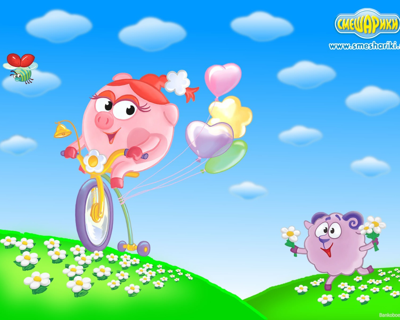 Нюша на велосипеде в мультфильме Смешарики
