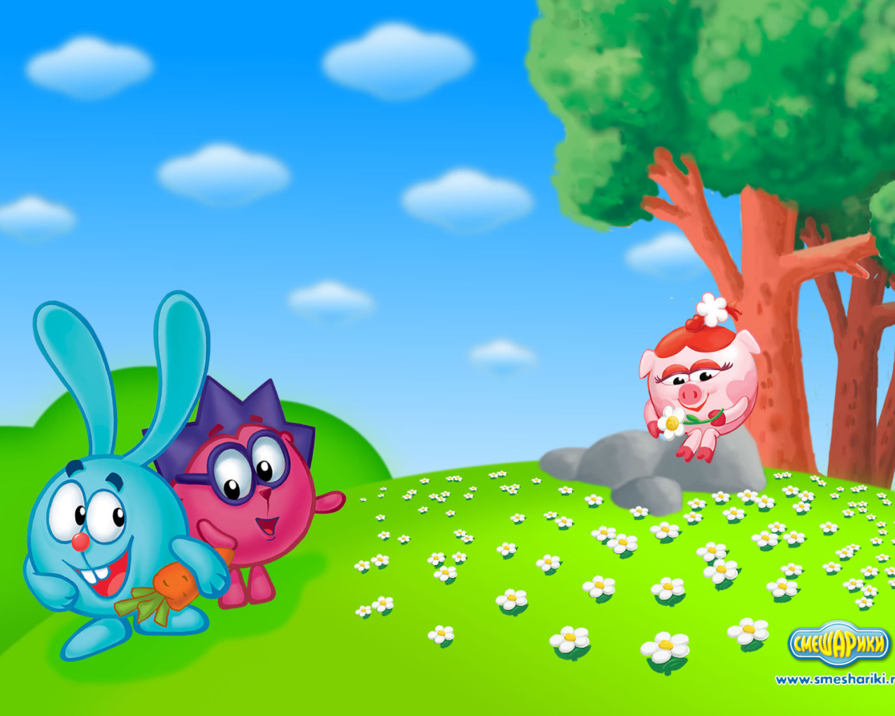 Нюша собирает цветы в мультфильме Смешарики