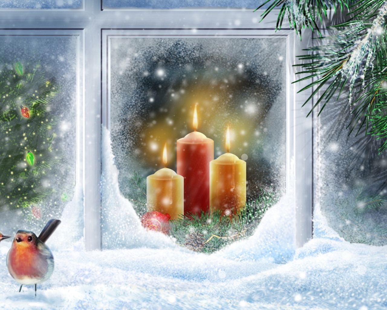 Птицы на окне в Рождество
