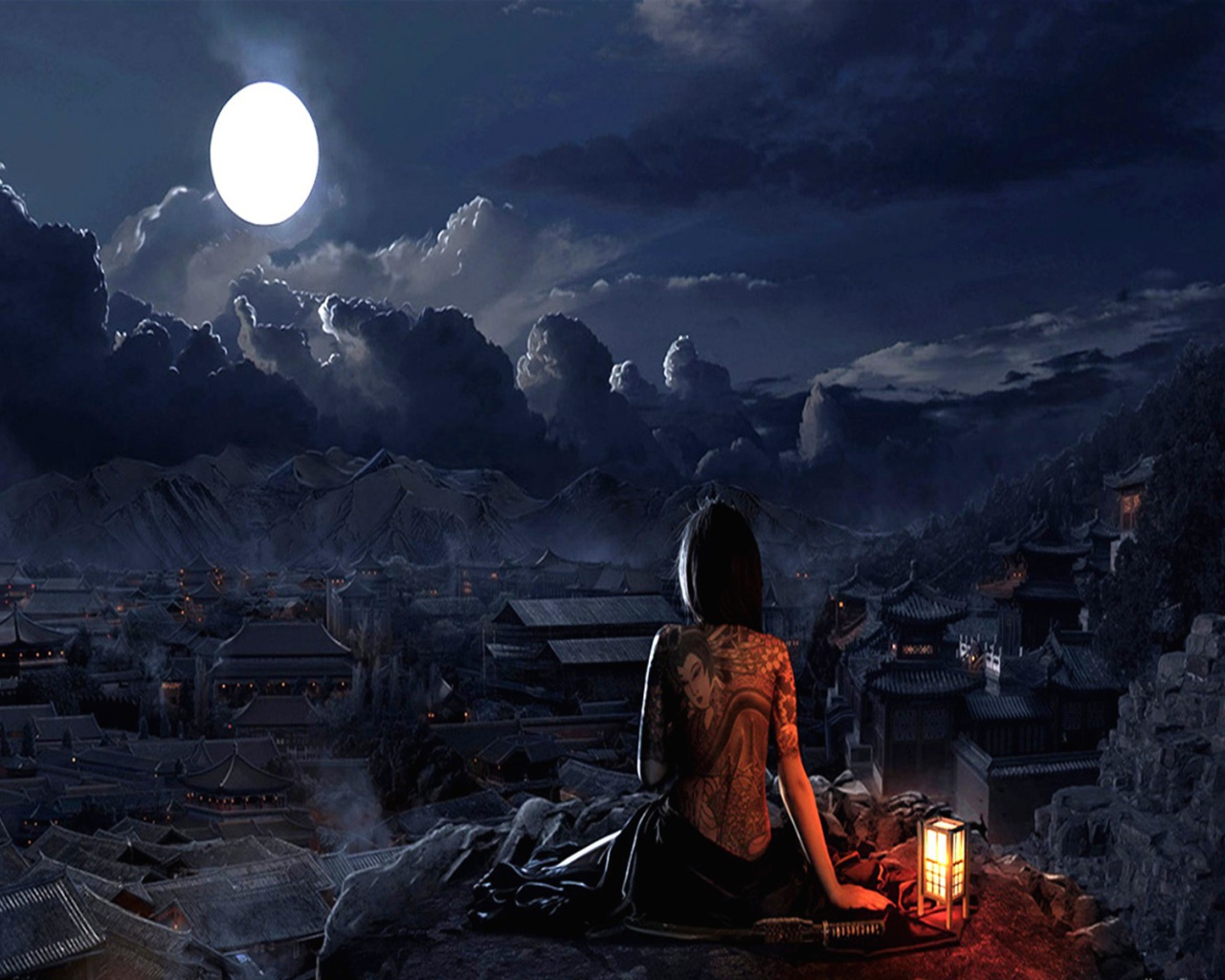 Японская девушка смотрит на луну