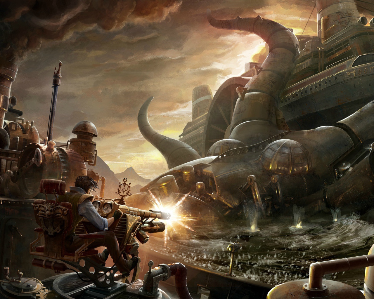 Борьба с металлическим монстром стимпанк