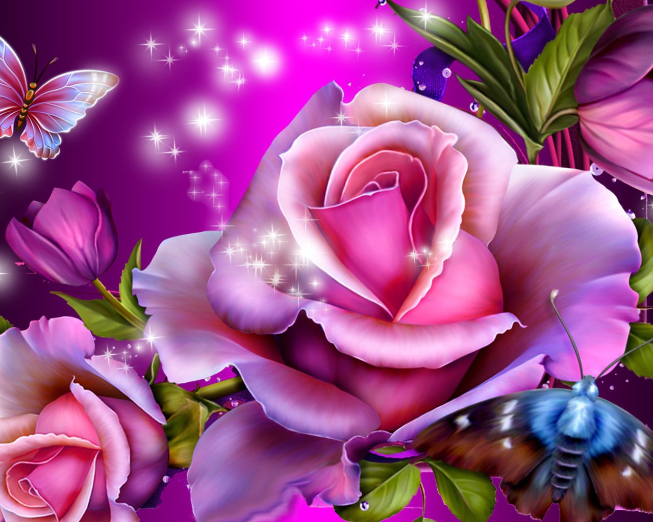 Фиолетовые розы и бабочки