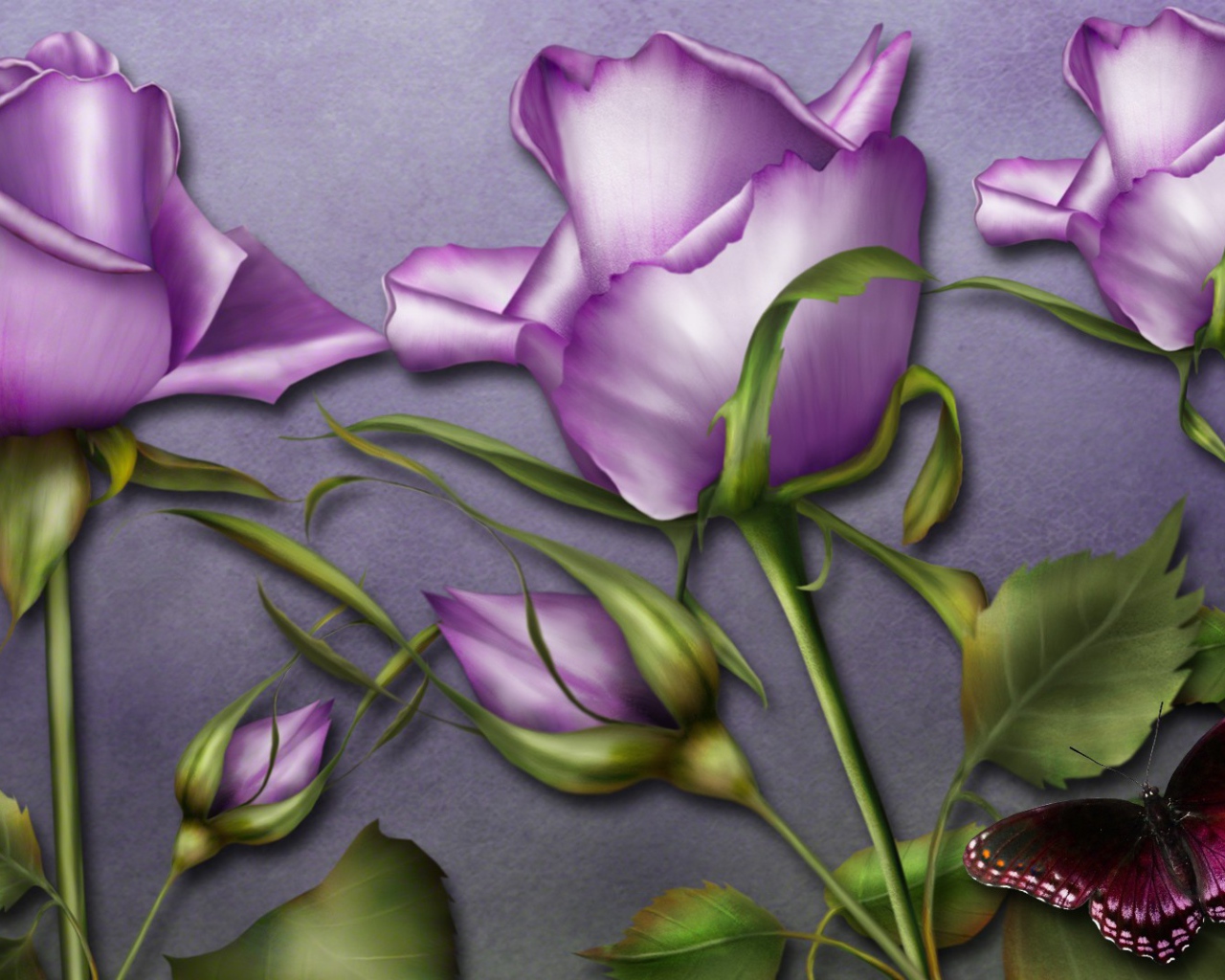 Фиолетовые розы и бабочка