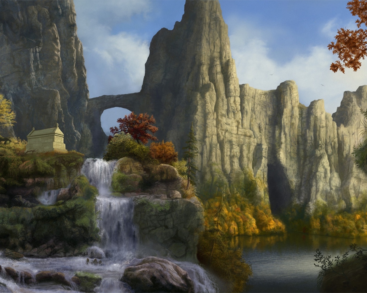 Горный пейзаж с водопадом