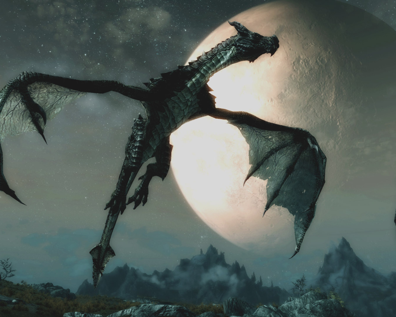 Dragon flies under the big moon