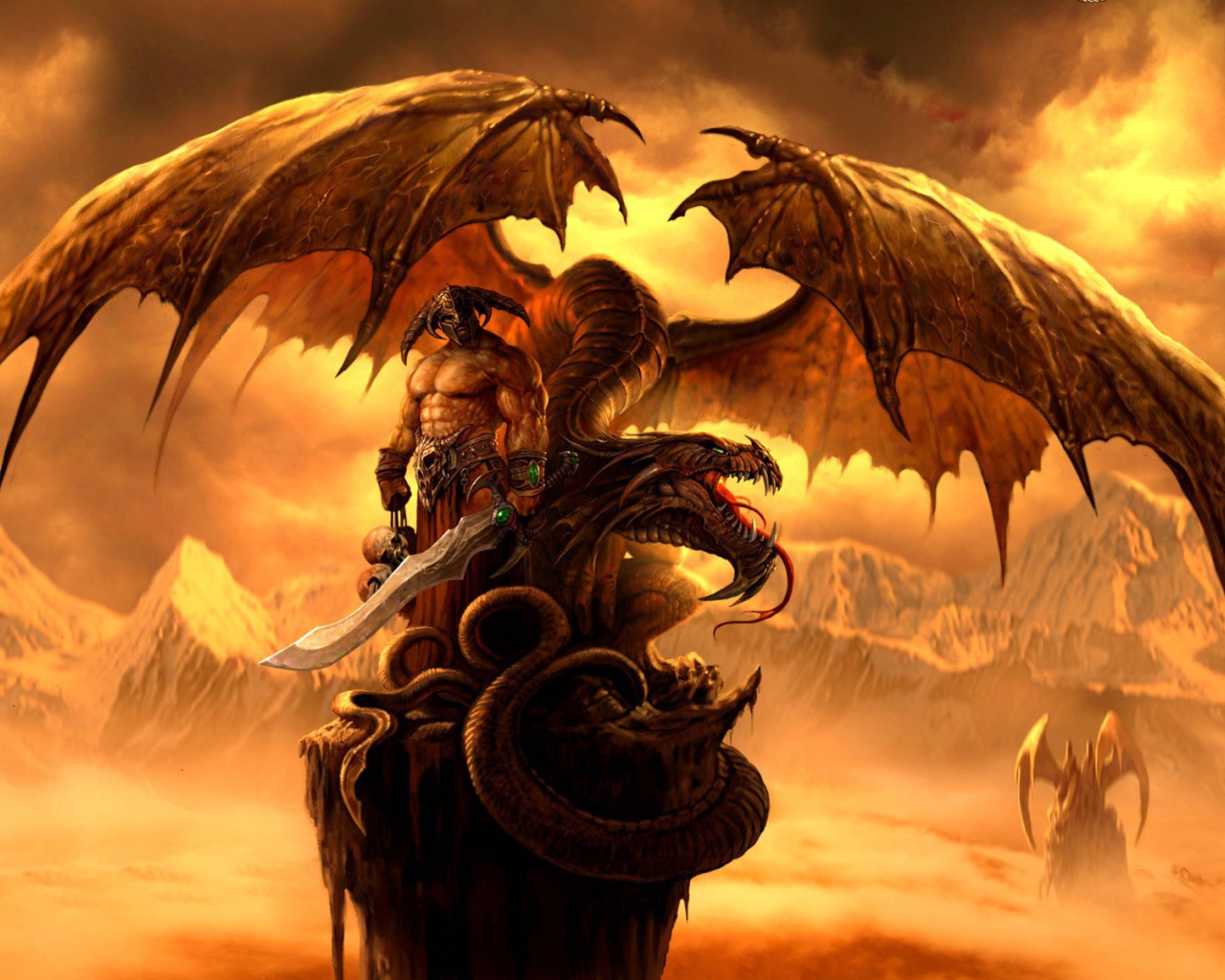 Монстр с мечом и дракон