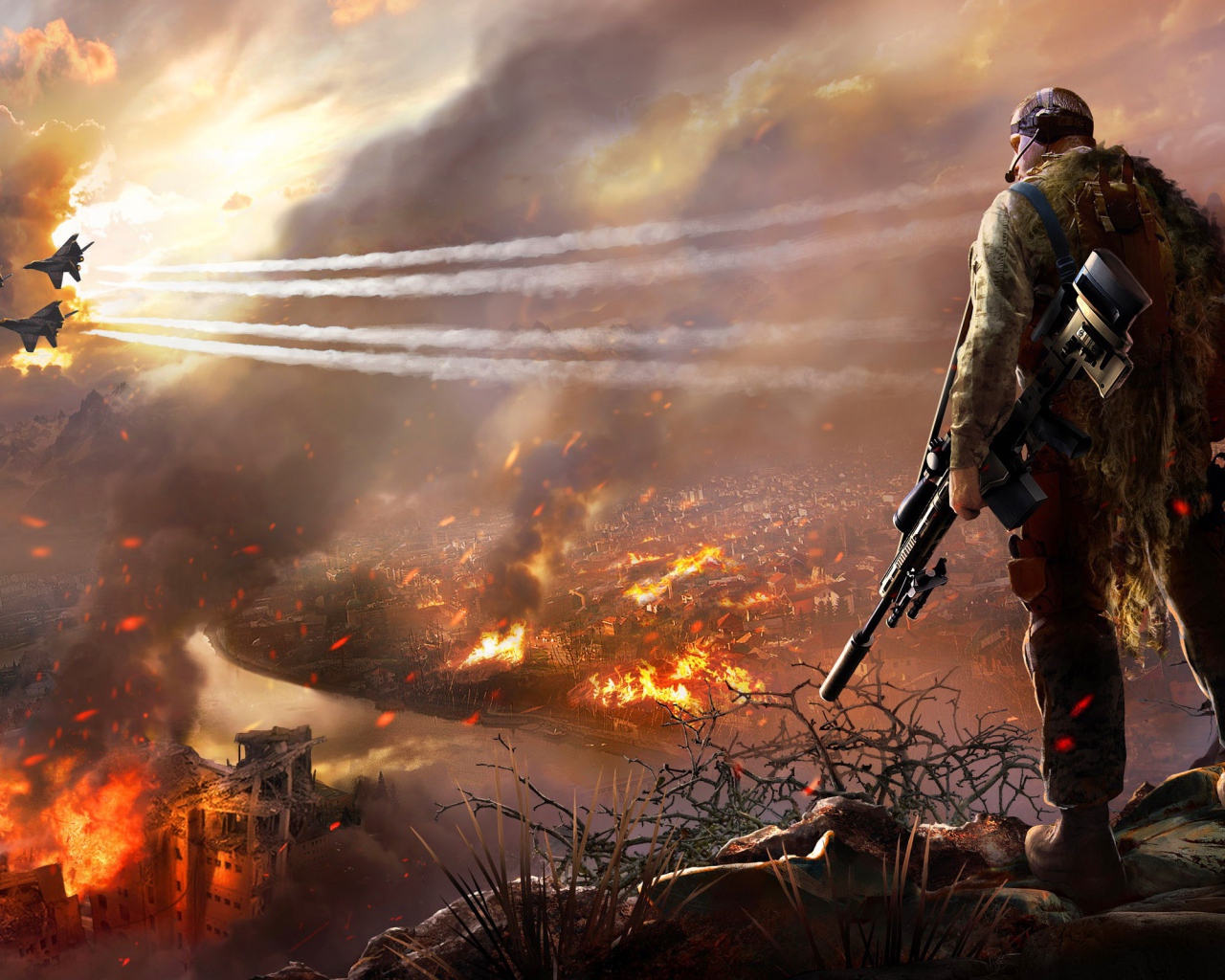 Снайпер смотрит на горящий город