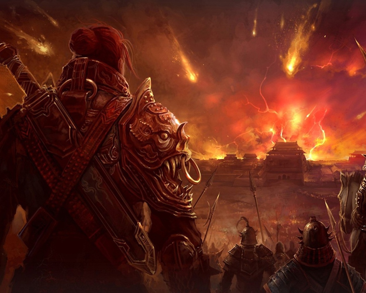 Воины смотрят на горящий город