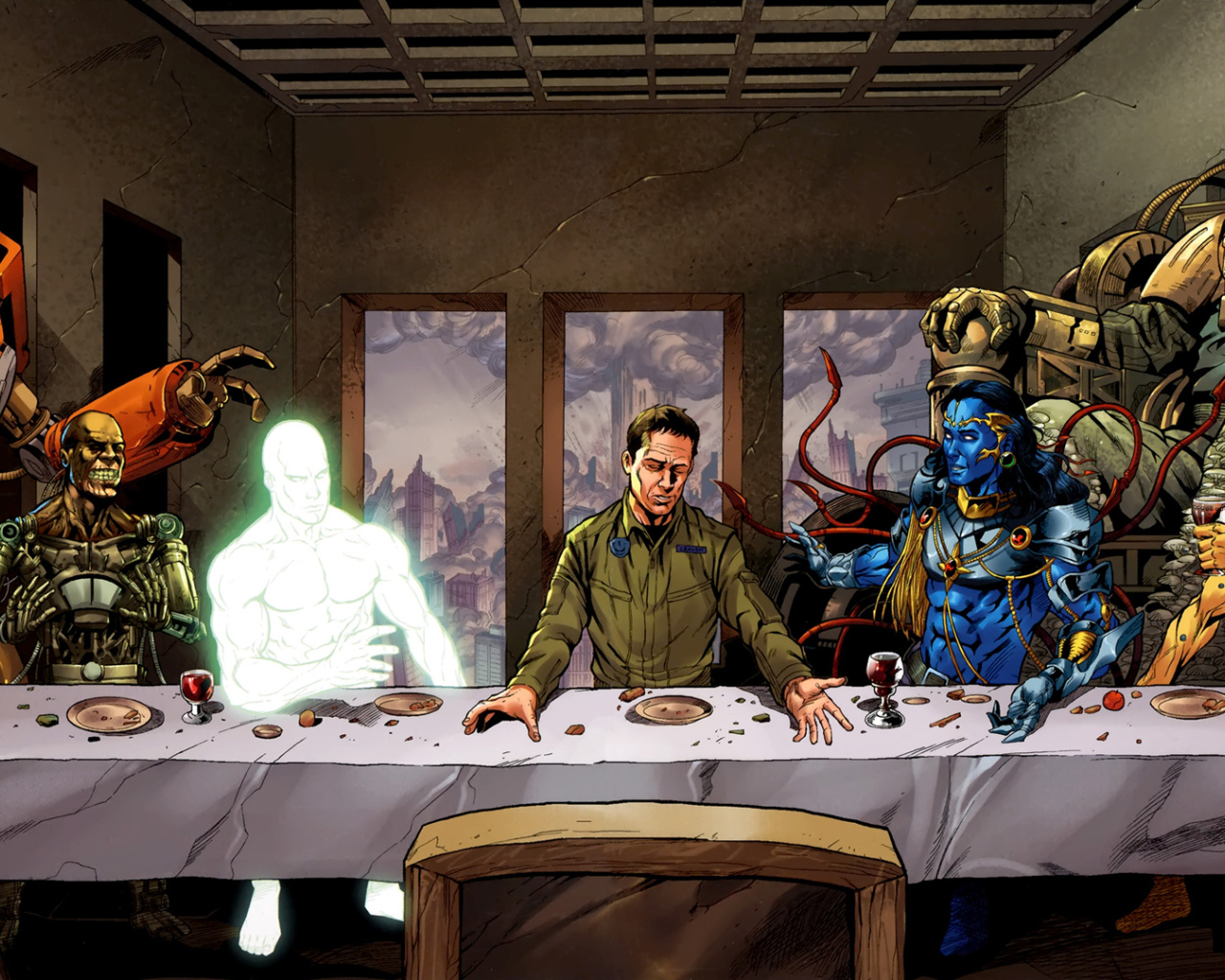 Человек обедает с роботами