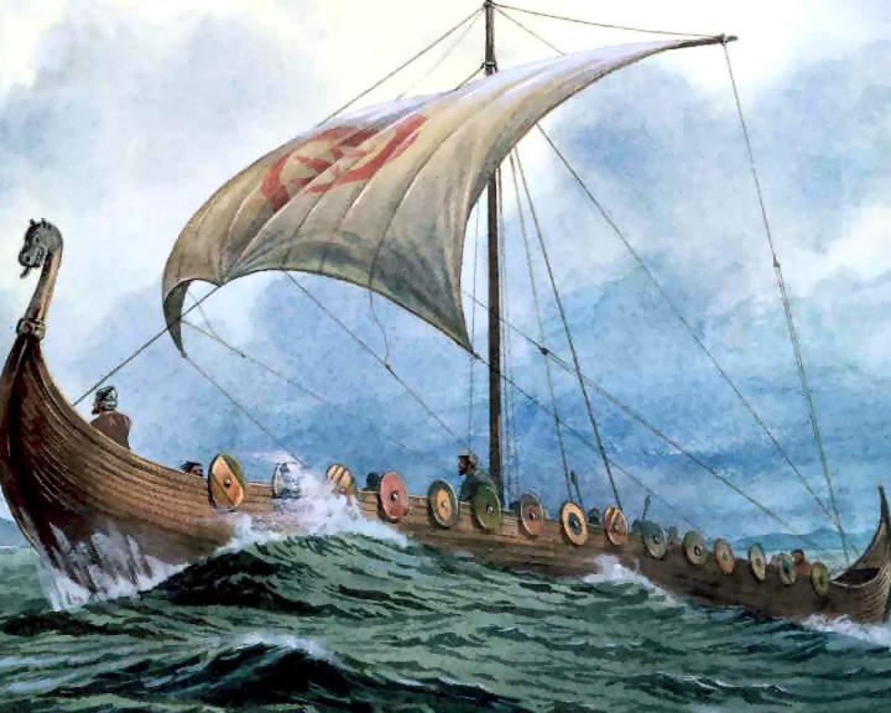 Лодка викингов в бурном море