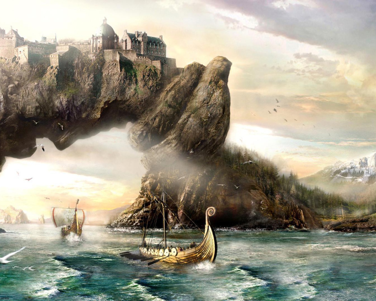 Викинги у скалы