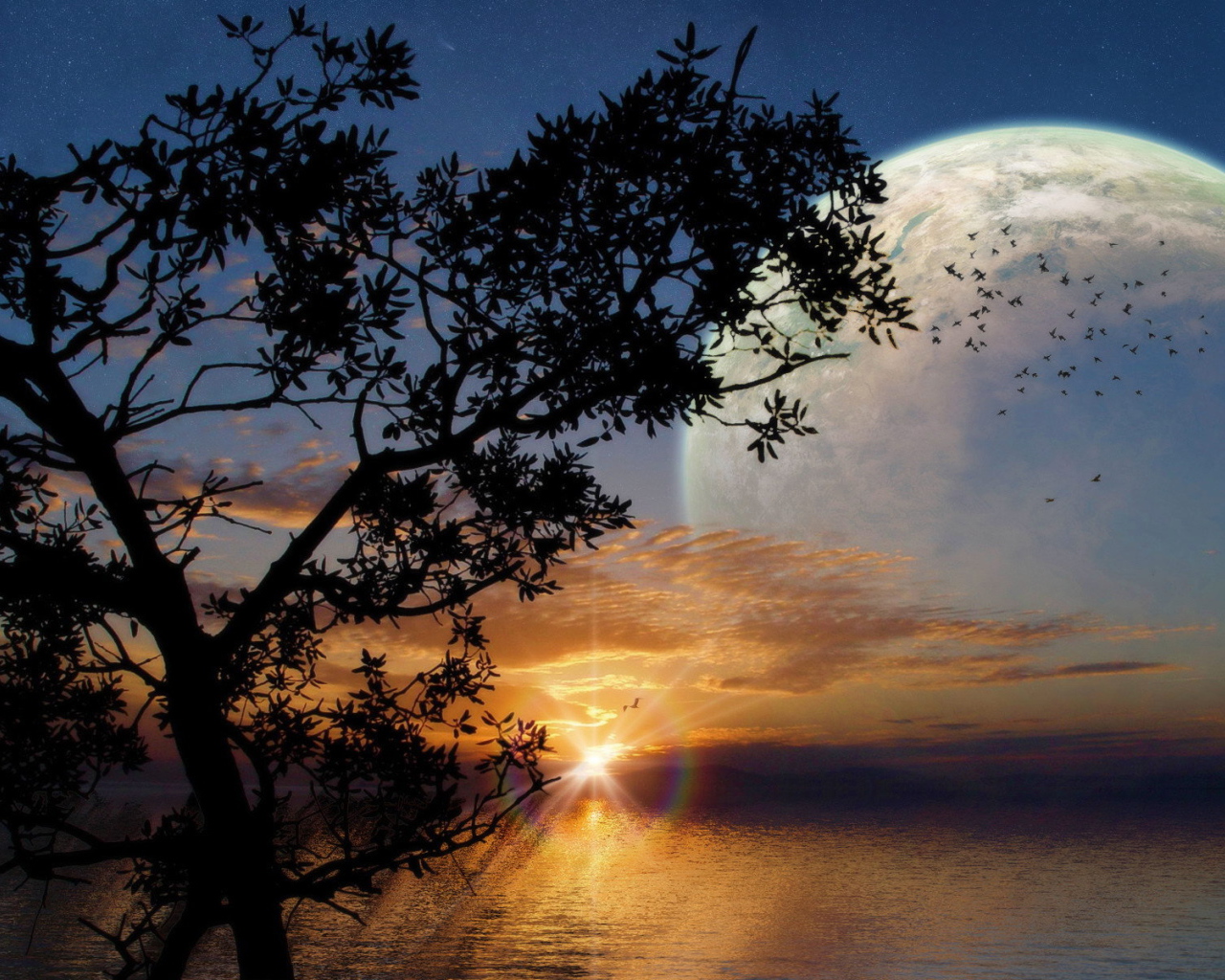 Фантастический закат с луной