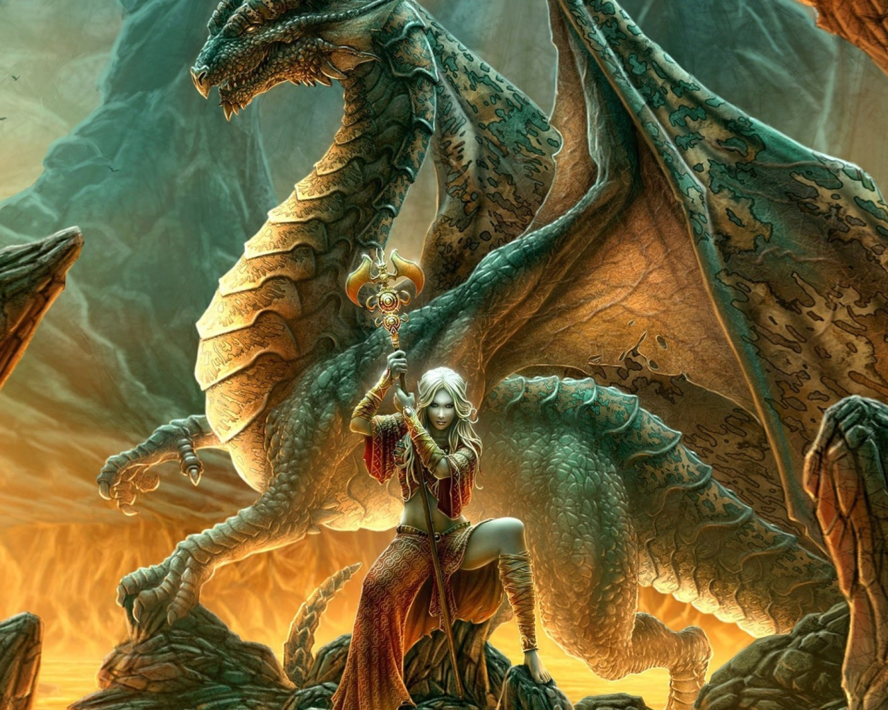 Дракон и колдунья с жезлом