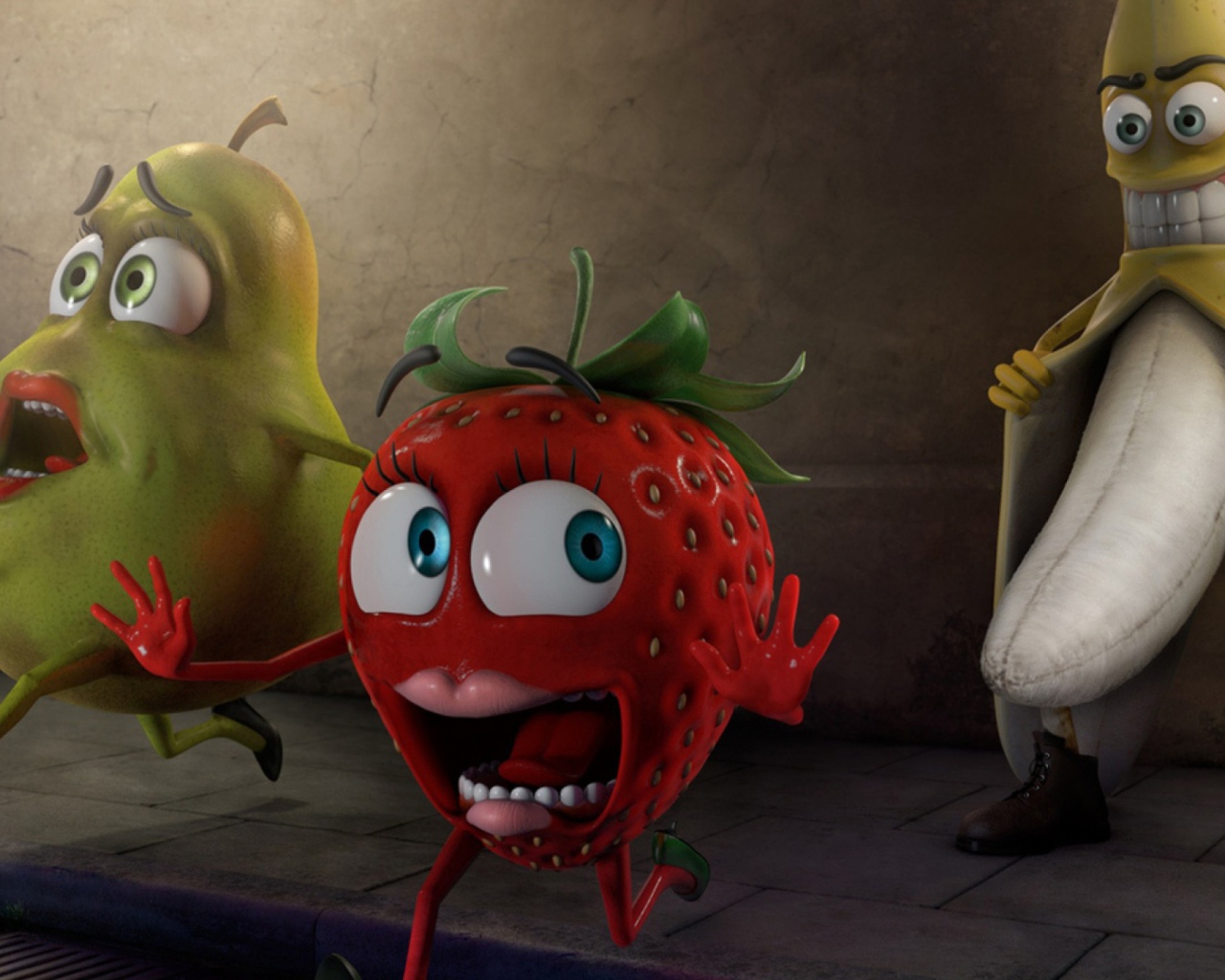 Голый банан и клубника с грушей