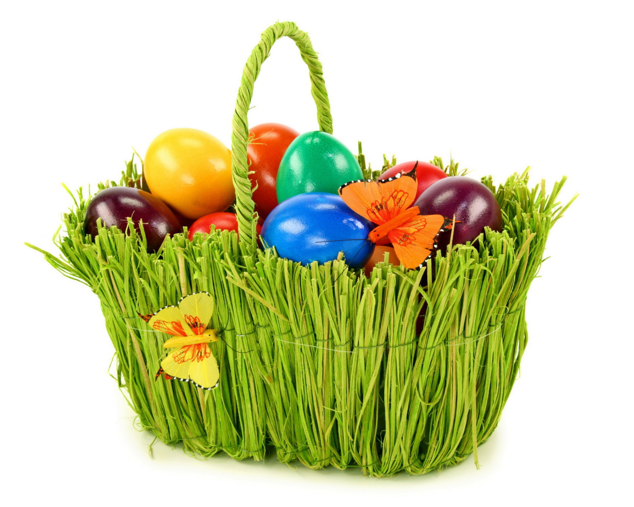 Зеленая корзина с яйцами на Пасху