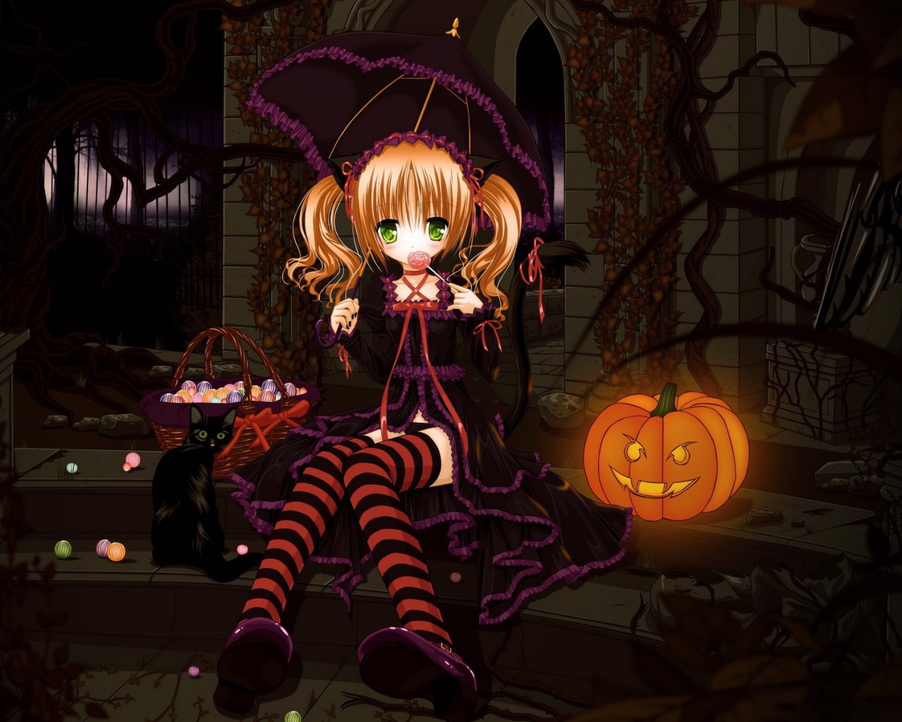 Девочка с зонтиком у тыквы