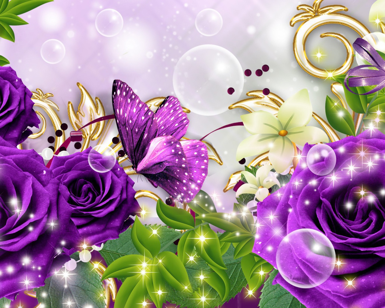 Фиолетовые розы и бабочка, картинка на восьмое марта