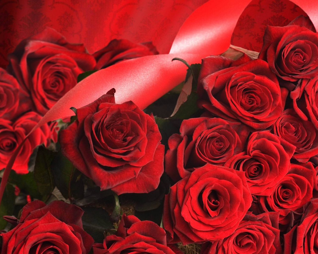 Red roses on March 8 with red ribbons