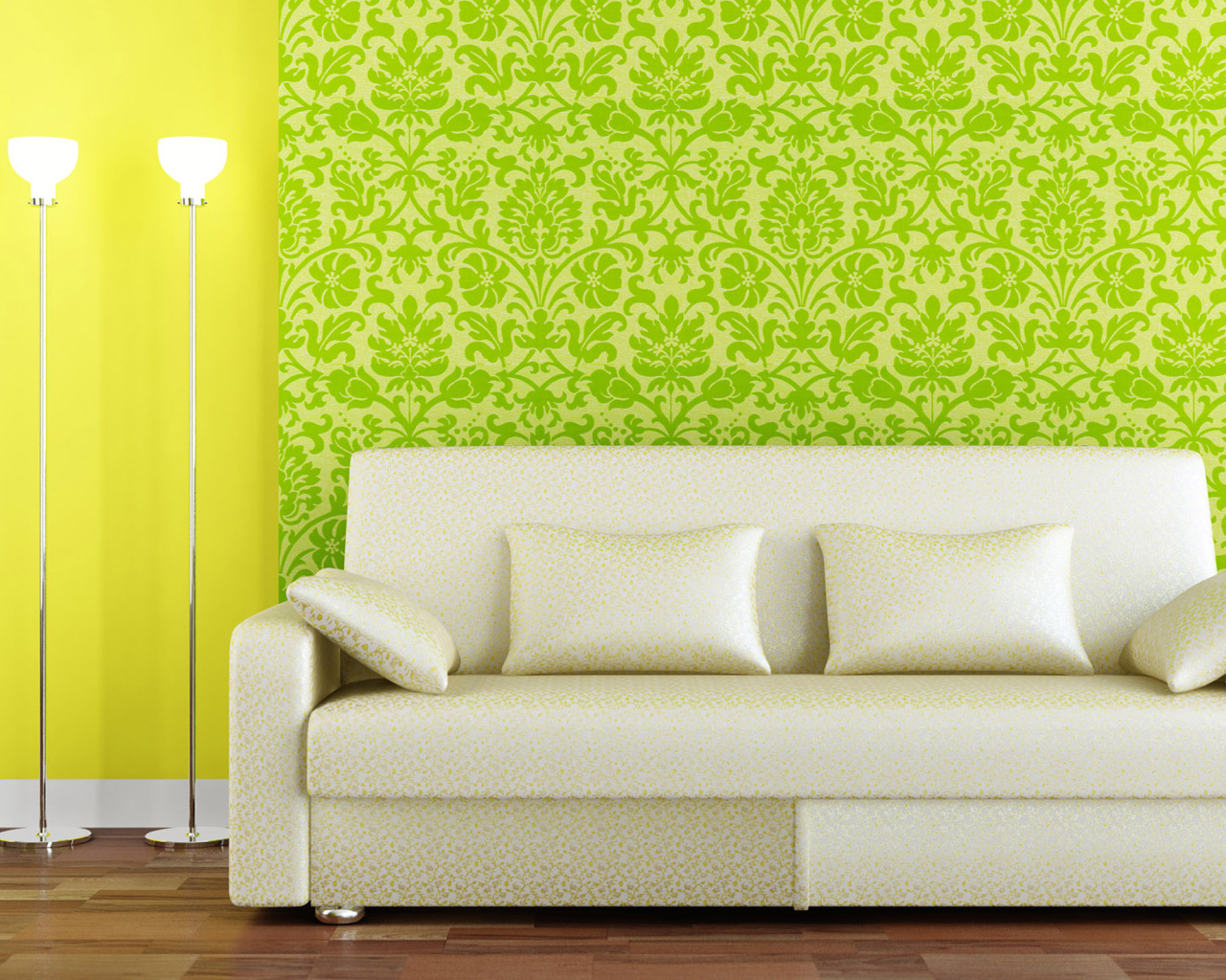 Белый диван на фоне зеленых обой