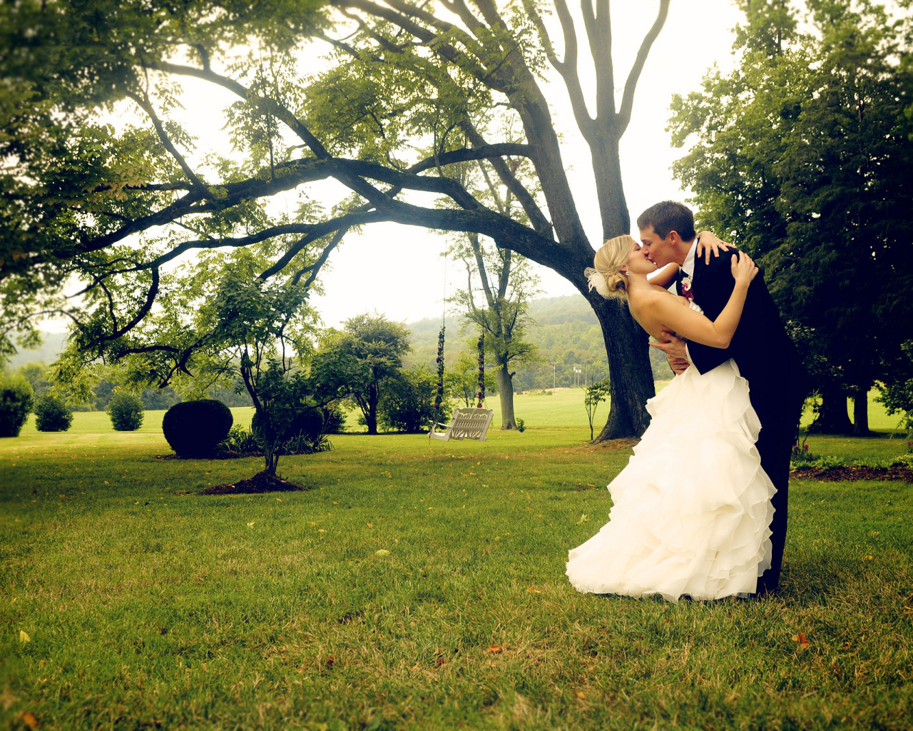 Поцелуй влюбленных в парке