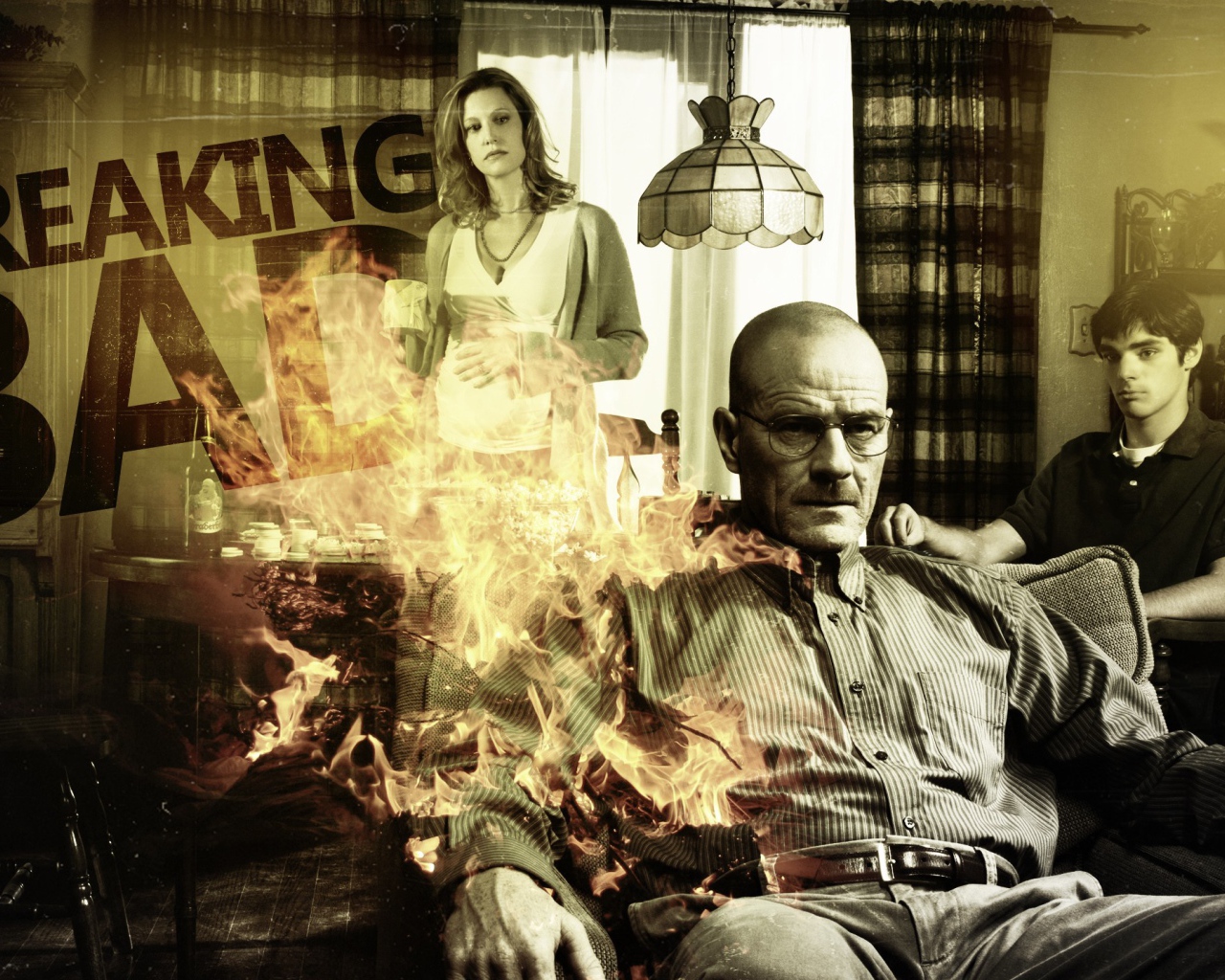 Горящий человек сидит на стуле