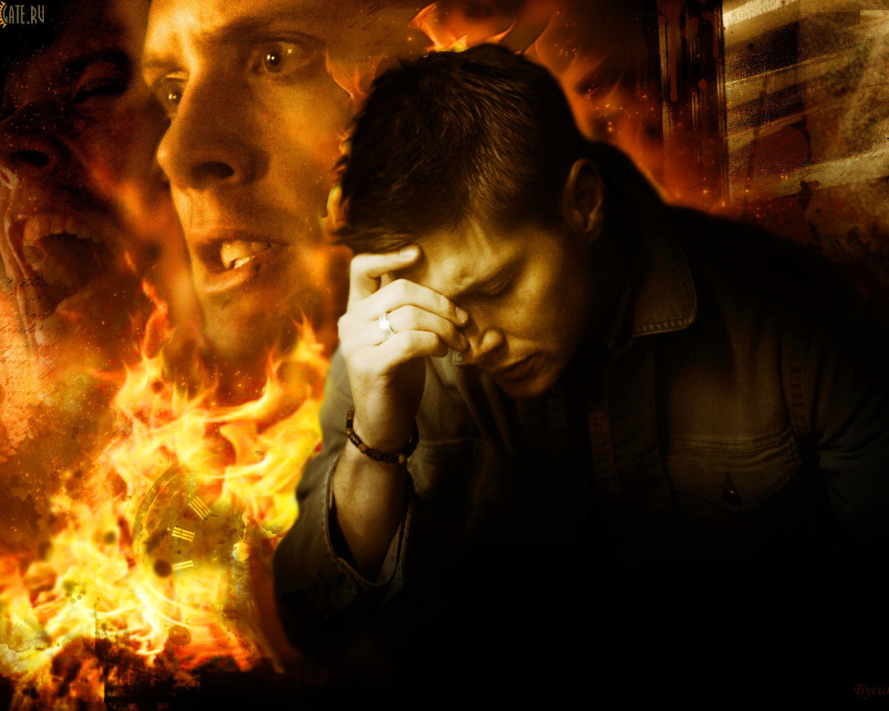 Дин из сериала Сверхъестественное на фоне огня