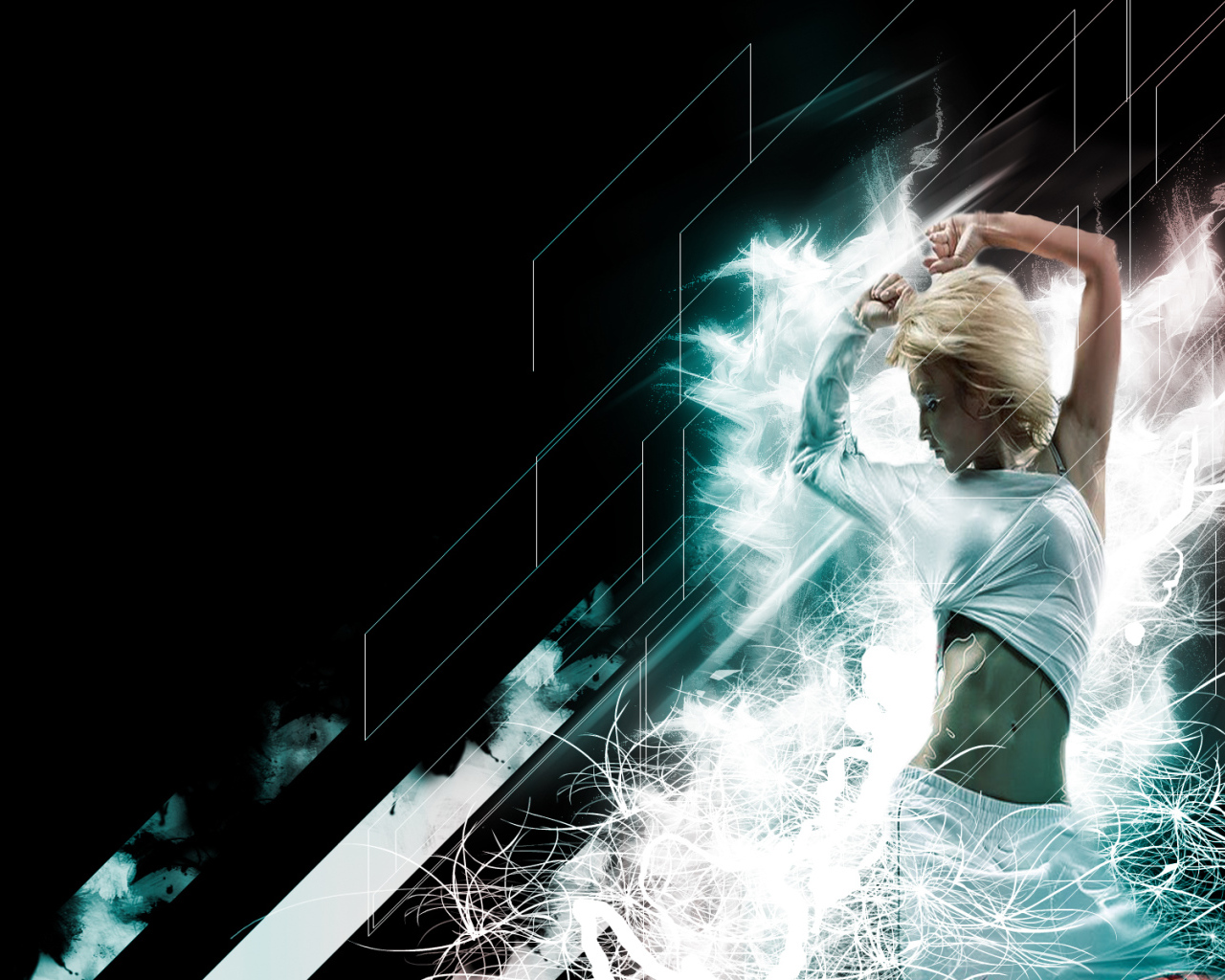 Японка танцует среди волн света