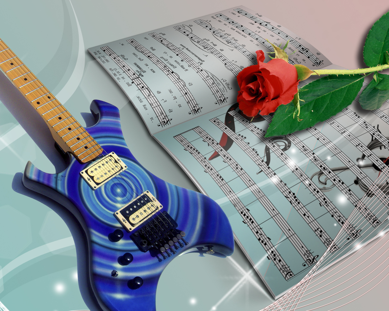 	   Guitar and rose on the notes