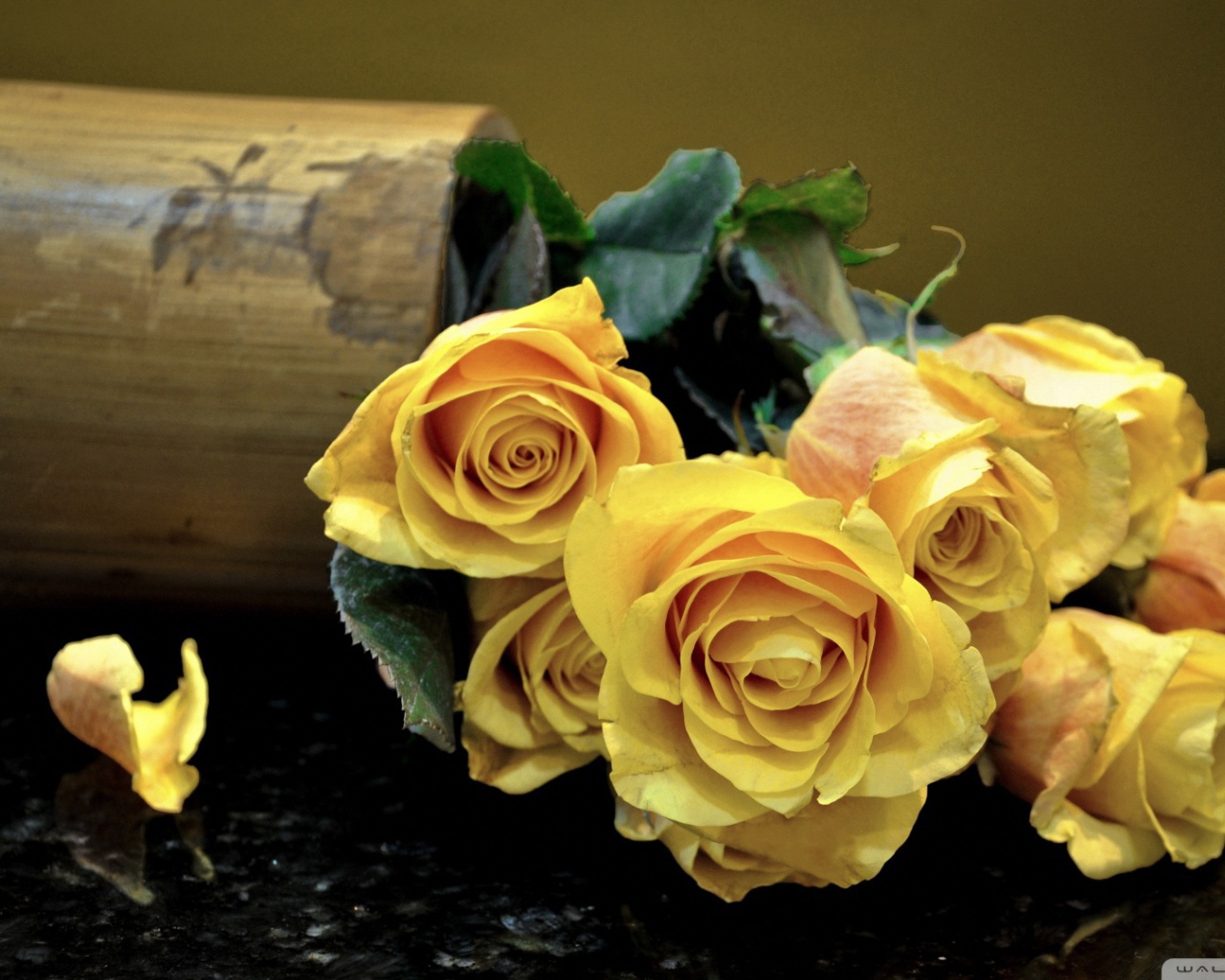 Жёлтые розы на тёмном столе