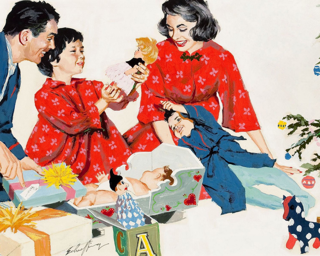 Семья открывает подарки