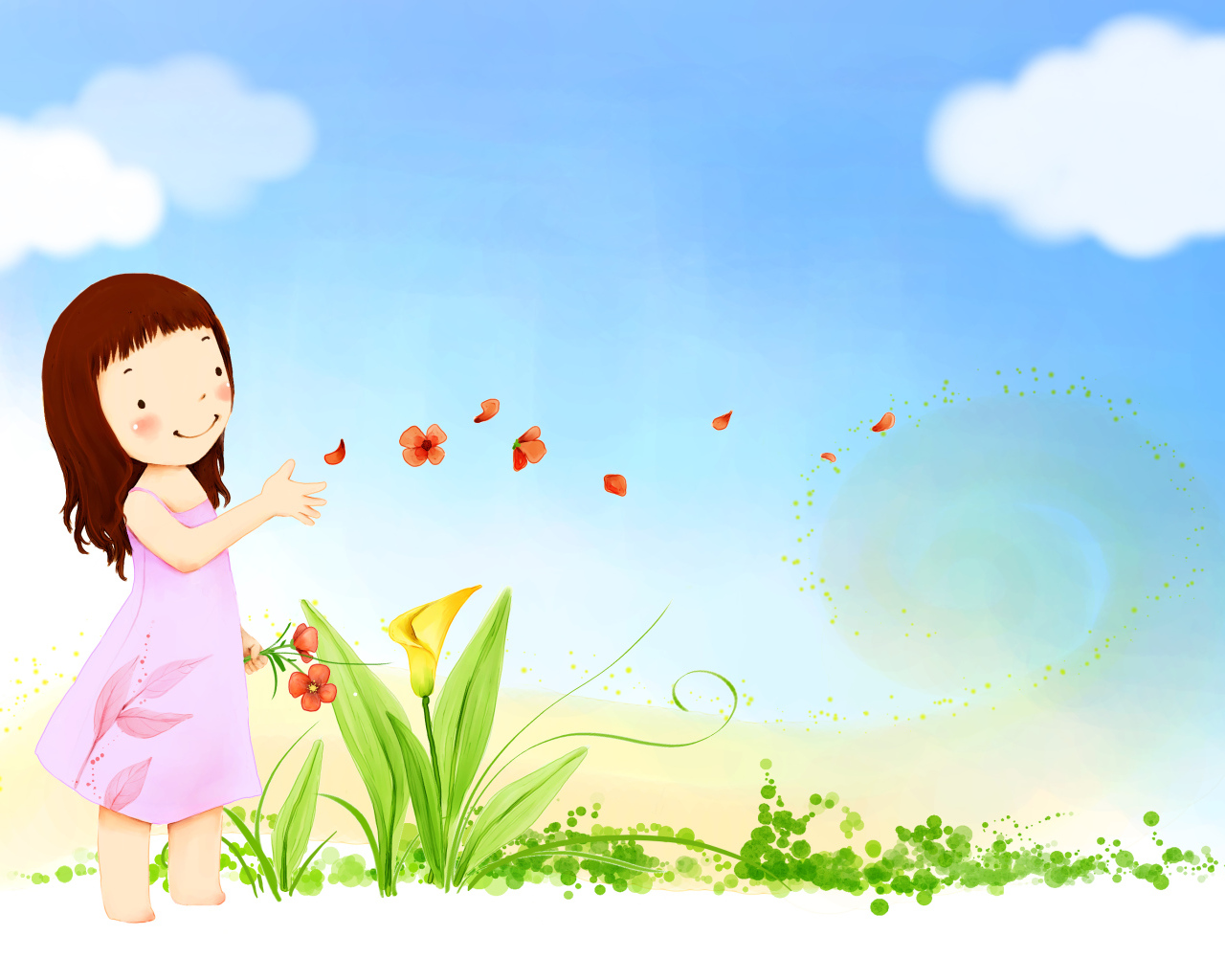 Девочка пускает лепестки по ветру