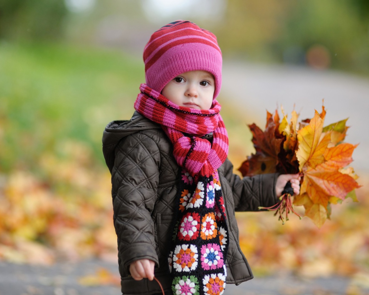 Ребенок с букетом листьев