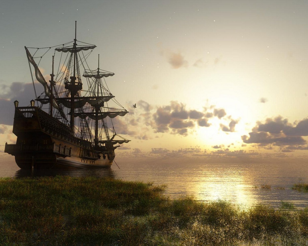 Старинный корабль у берега